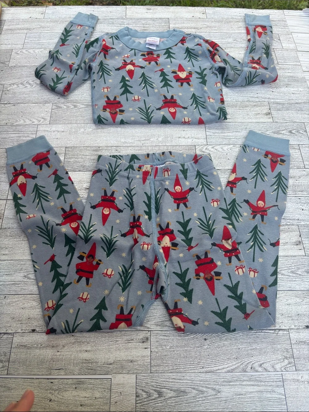 Hanna Anderson Kids Holiday Pajama Set - Light Blue with Red & Green Prints